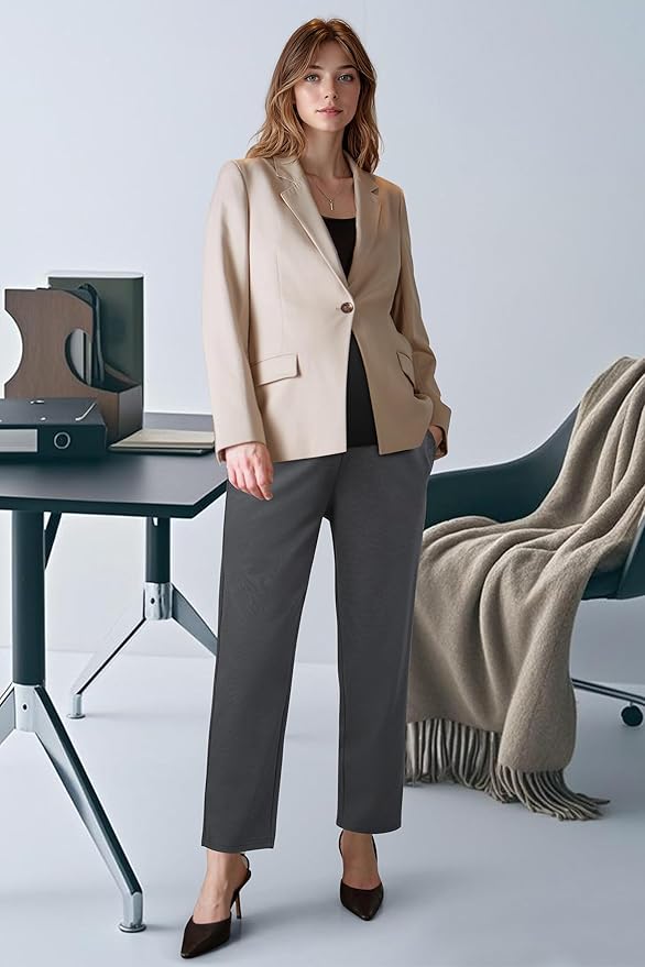 OUGES Womens Stretchy Maternity Over Belly Casual Work Straight Leg Pants Ankle Business Office Trousers with Pockets