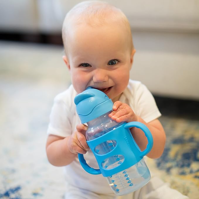Dr. Brown's Milestones Wide-Neck Sippy Straw Bottle with 100% Silicone Handles and Weighted Straw, 9 oz/270 mL, Gray & Blue, 6m+ (Pack of 6)