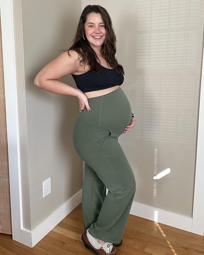 G4Free Maternity Pants Over The Belly Yoga Dress Work Pregnancy Pants Stretchy Lounge Wide Leg Trousers with Pockets