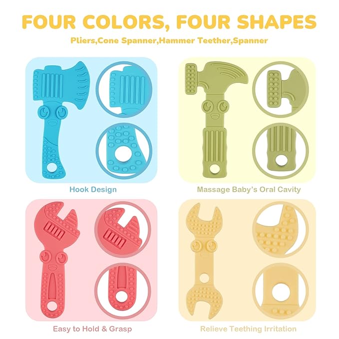 TYRY.HU Baby Teething Toys for Babies 0-6 Months 6-12 Months, BPA Free Silicone Baby Molar Teether Chew Toys, Hammer Wrench Spanner Pliers for Boys Girls, Soft-Textured, Easy to Hold & Clean, 4 Packs