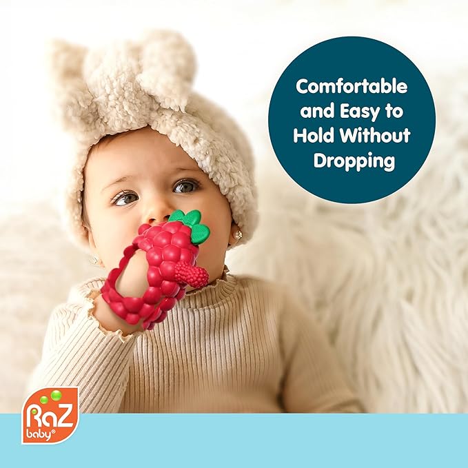 RaZbaby RaZberry Grip Silicone Teether Toy for 3M+ | Drop Resistant Hand Held Teether for Babies and Infants - Designed by Nature with Our Patented BerryBumps Multitextured Design | 3M+, Blue