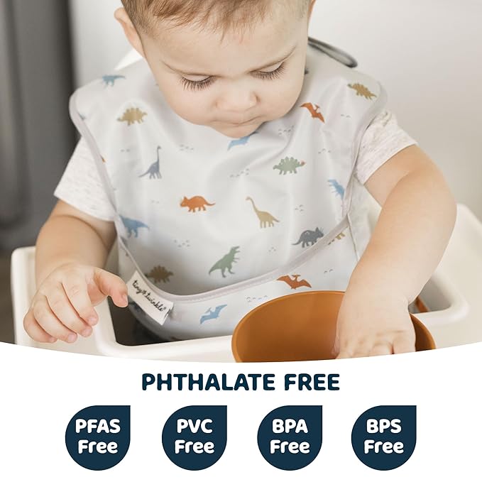 Tiny Twinkle Mess Proof Baby Bibs for Eating – Waterproof, Wipeable Toddler Bibs with Pocket – Baby Food Bibs for Girls & Boys(3 Pack,Dinosaur Set)