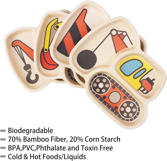 Kid Plate Set Toddler Plates Dinnerware Dinner Dish Set Baby Feeding Spill Proof Divided Plate - Baby Spoon and fork 3-Piece Set Teaches Child Portion Control (excavator/crane)
