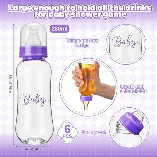 6 Sets Bottle Chug Baby Shower Games Juegos Para Plastic Baby Bottles Bibs Hat Disposable Diapers Gender Reveal Games Baby Changing Diaper Race Game Decoration (Purple)