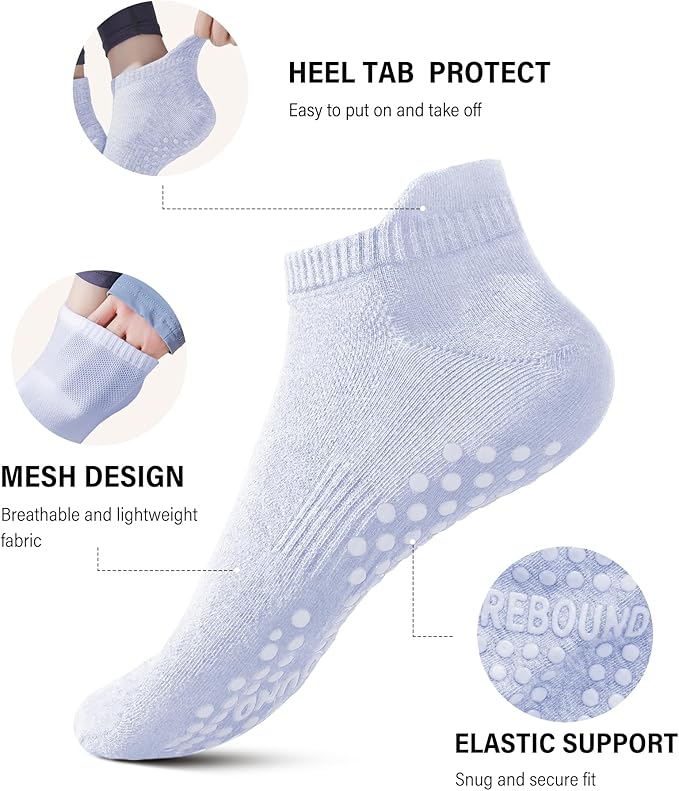DIBAOLONG Pilates Socks with Grips for Women Yoga Socks Non Slip Barre Hospital Socks 6-Pairs Grippy Ankle Socks