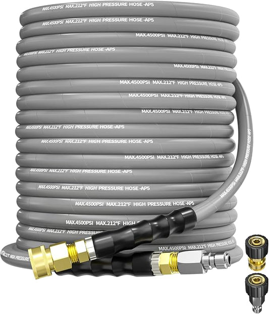 Pressure Washer Hose 75FT 3/8" for Cold and Hot Water 212°F, with Swivel Quick Connect, 4500PSI Kink Resistant Grade Steel Wire Braided, Power Washer Hose With 2pcs M22-14mm Adapter