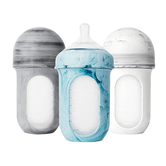 Boon Nursh Reusable Silicone Pouch Baby Bottles - Medium Flow Nipple - Silicone Baby Bottle Pouch and Nipple - Baby Feeding Essentials - Tie Dye - 3-6 Months - 3 Count - 8 Ounce