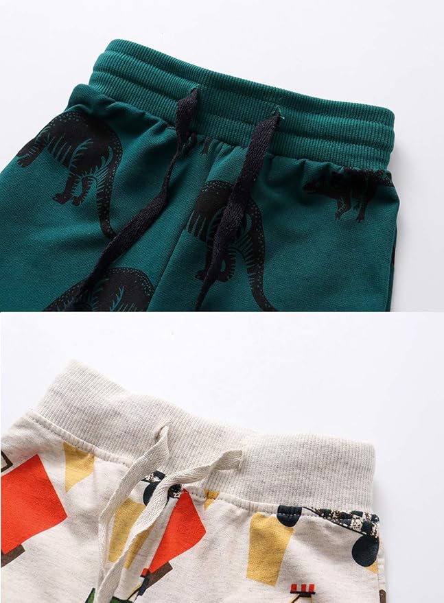 HUAER& Baby Boy's Jogger Pants Dinosaur Car Animal Print Drawstring Elastic Sweatpants 2-Pack