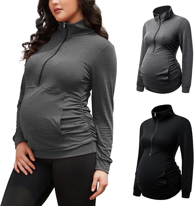 GINKANA Maternity Women's Long Sleeve Shirt Half Zipper Lapel Lightweight Casual Maternity Pullover with Pockets