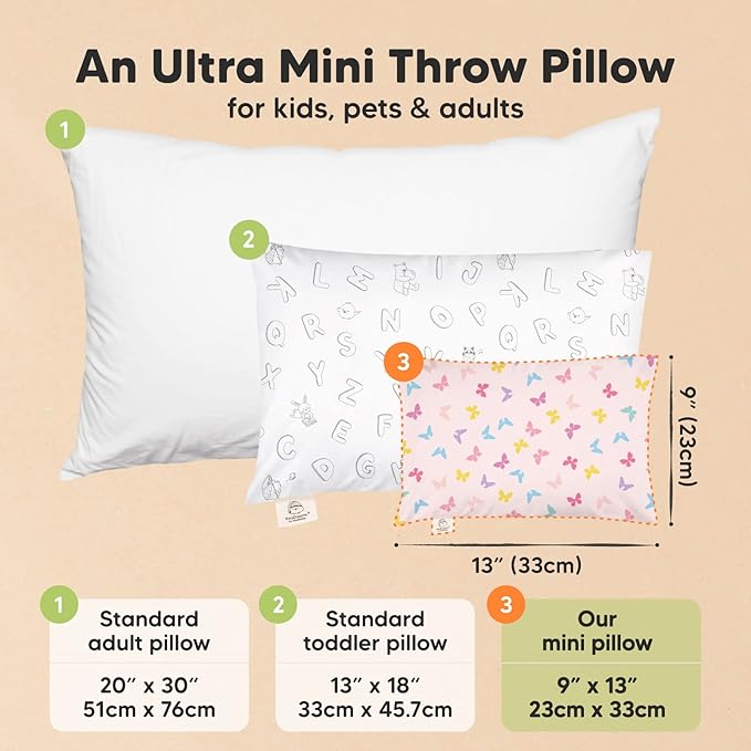 Mini Toddler Pillow with Pillowcase - 9x13 My Little Dreamy Travel Kids Pillow for Sleeping, Toddler Bed, Small, Tiny, Organic Cotton Pillowcase, Soft & Breathable, Kids 2-4 Years Old (Flutter)