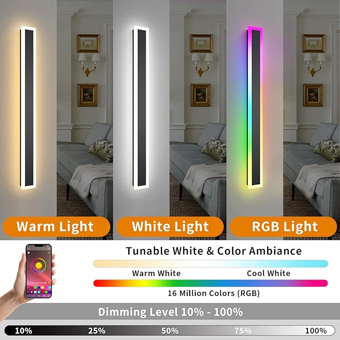 2 Pack Outdoor RGB Long Wall Lights, 39.4inch Wall Lights RGB/Warm/White Dimmable Modern Led Wall Lighting, Ip65 Waterproof Wall Sconce with Remote APP Control for Outdoor/Indoor Party Gathering