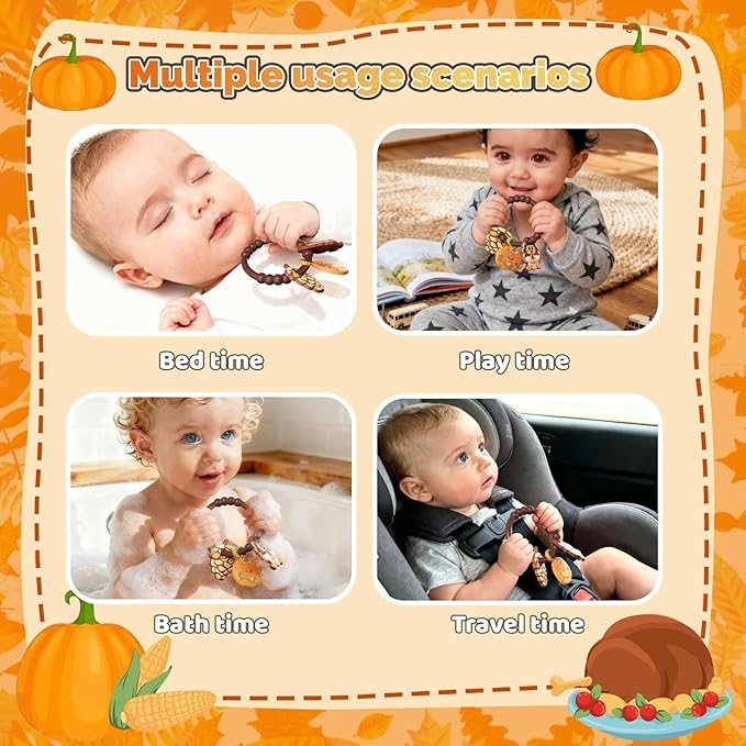 Thanksgiving Baby Teething Ring with 3pcs Teether-Soft Turkey, Pumpkin & Pine Cones Textured, Silicone Teether for 0-12months, Baby Sensory Chew Bracelet for Baby’s First Thanksgiving