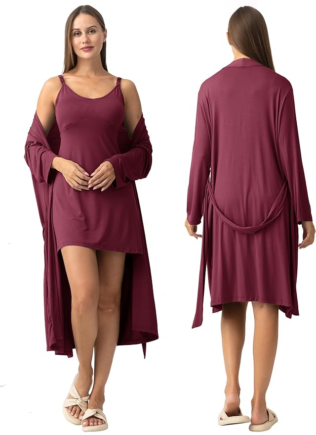 SUNNYBUY Women's Nursing Nightgown Maternity Robe Set, 3 in 1 Labor Delivery Breastfeeding Dress Postpartum Sleepwear