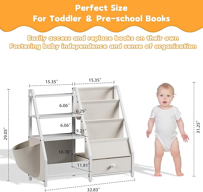 Kids Bookshelf and Toy Storage Organizer, Kids Bookcase Montessori 3 Tier Baby Toddler Sling Book Shelf with Drawer Pockets for Kids Room, Nursery, Playroom, Bedroom, White