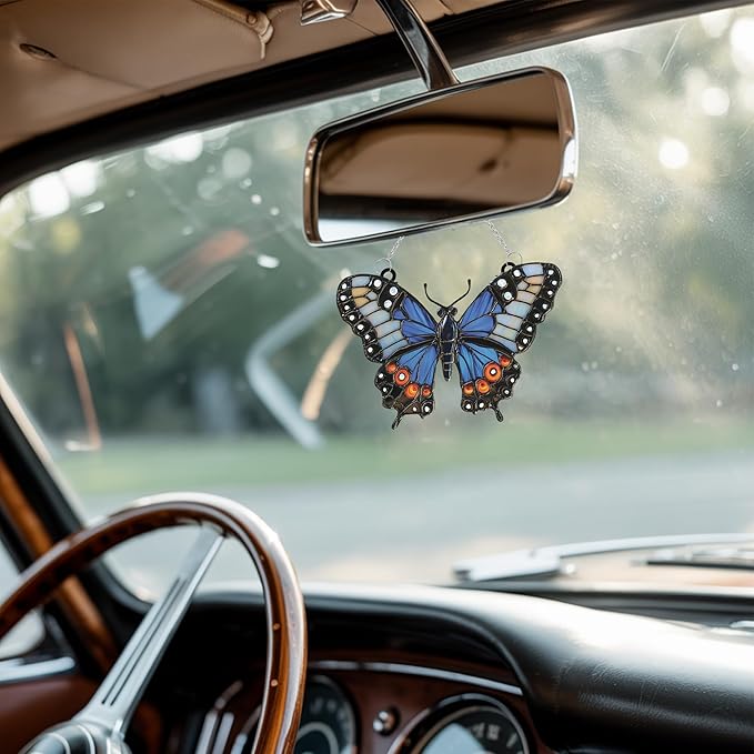Blue Butterfly Acrylic Suncatcher Stained Glass Effect Window Car Hanging Christmas Ornament Indoor Outdoor Decor Garden Sun Catcher Panel Gift for Butterfly Lover for Women Mom Grandma