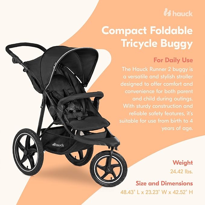 hauck 3-Wheel All Terrain Stroller with Raincover, XL Pneumatic Air Wheels, Mesh Window, and Height-Adjustable Handle, UPF 50+ - from Birth up to 48.5lbs