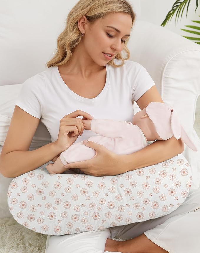 Nursing Pillow Covers 2 Pack, Muslin Nursing Cover for Breastfeeding Pillows, Comfortable for Baby Girls and Boys (Dusty Rose & Flower)