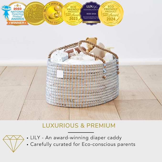 BEBE BASK Premium Light Blue Baby Diaper Caddy Organizer -Handmade - Seagrass Basket With Cotton Divider - Award-Winning & Luxury Diaper Caddy Basket - (Dove)