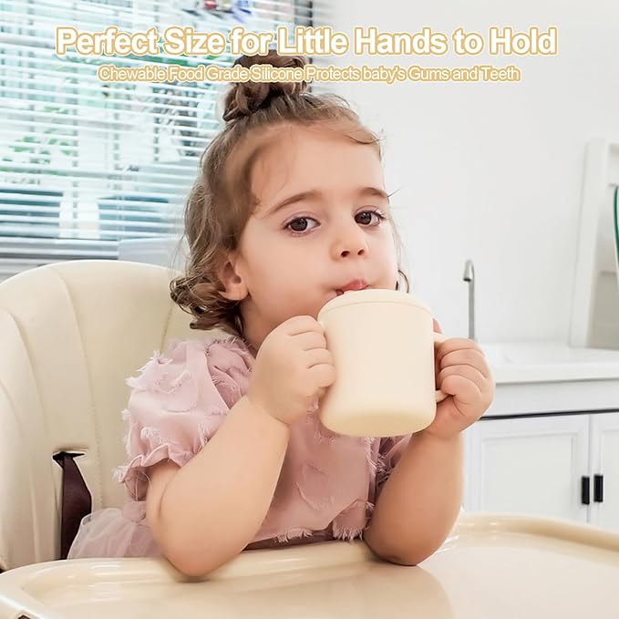 Silicone Baby Cup with Straw, Straw Cup for 6 months+ old, Leak Proof Silicone Baby Training Cup 6 fl oz (Beige)