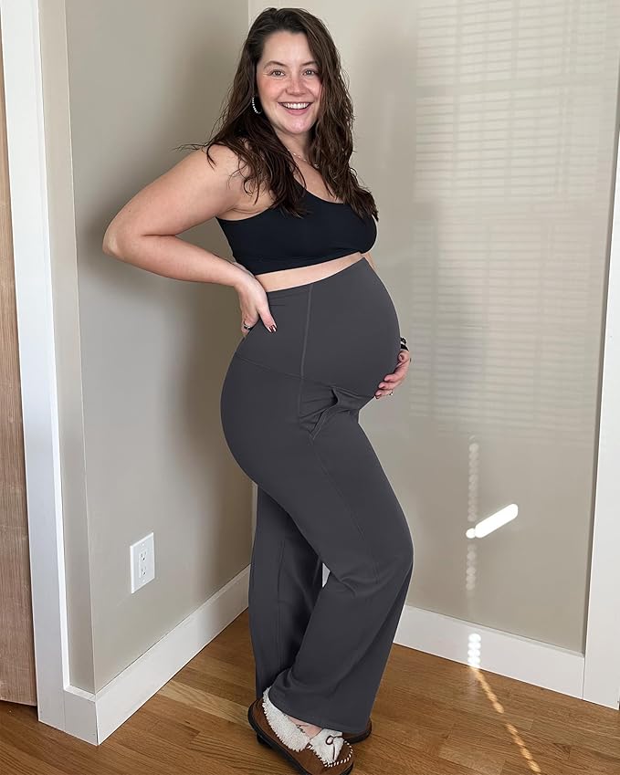 G4Free Maternity Pants Over The Belly Yoga Dress Work Pregnancy Pants Stretchy Lounge Wide Leg Trousers with Pockets