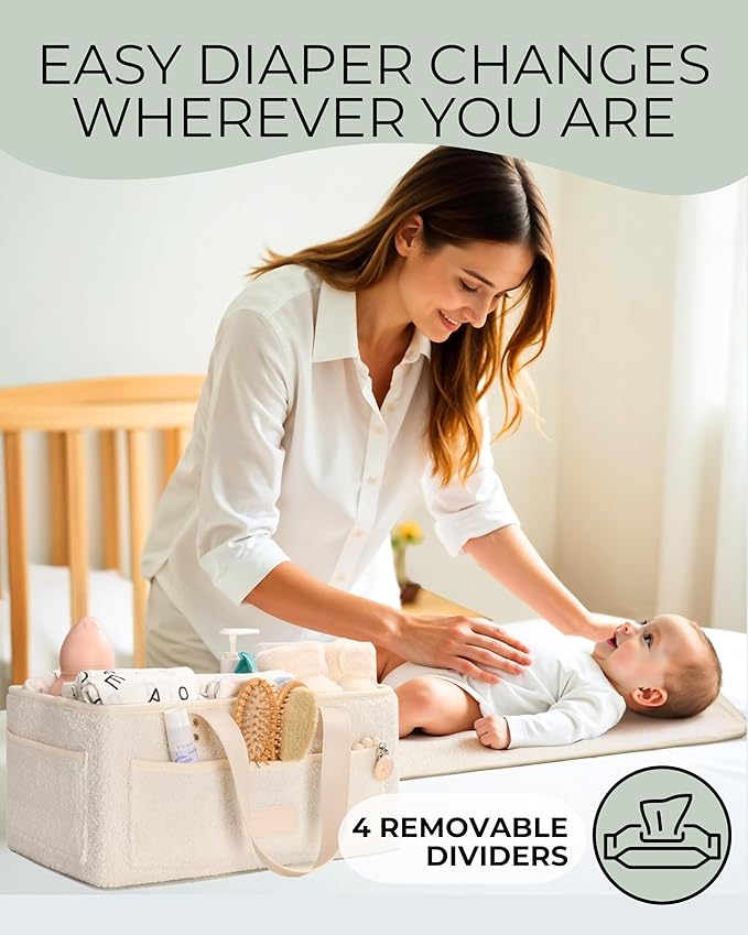 Baby Diaper Caddy Organizer with Portable Changing Mat - Teddy Fleece Diaper Organizer for Changing Table - Basket for Changing Essentials - Baby Essentials Organizer with Removable Dividers