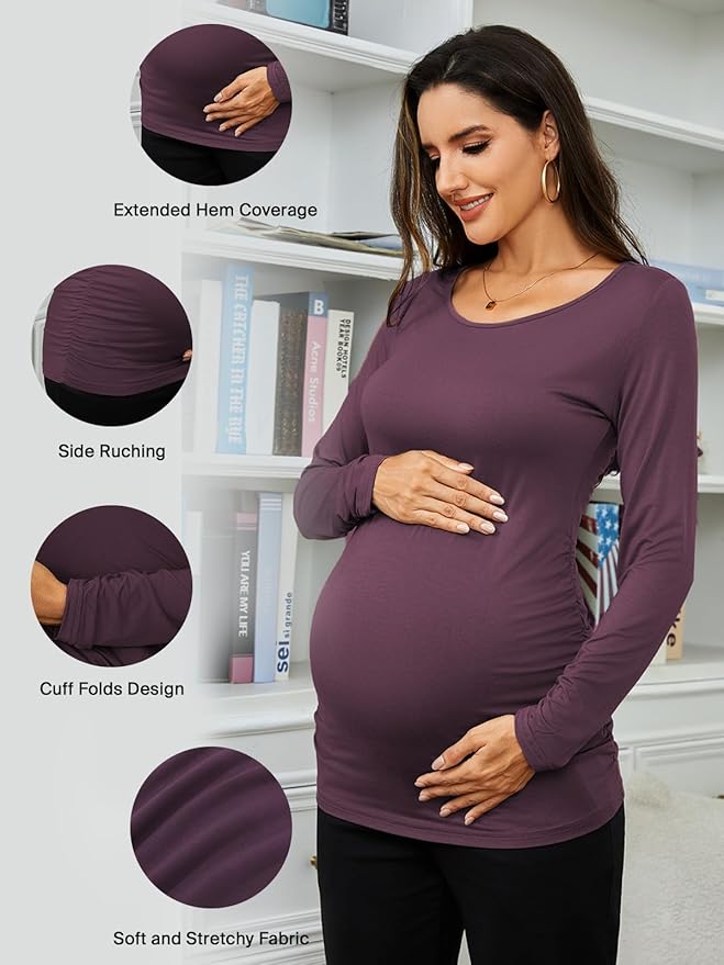 Ecavus Women's Maternity Shirts Long Sleeve Soft Stretchy Pregnancy Tops Side Ruched Casual Mama Clothes