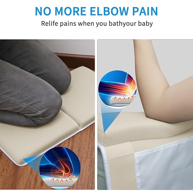 JJGoo Bath Kneeler with Elbow Rest Pad Set, 1.5 inch Kneeling Pad Mat for Bathtub Baby Bathing Parents, Painless Foam Mat with Toy Organizer Pockets, Non-Slip for Baby and Toddler Bathing