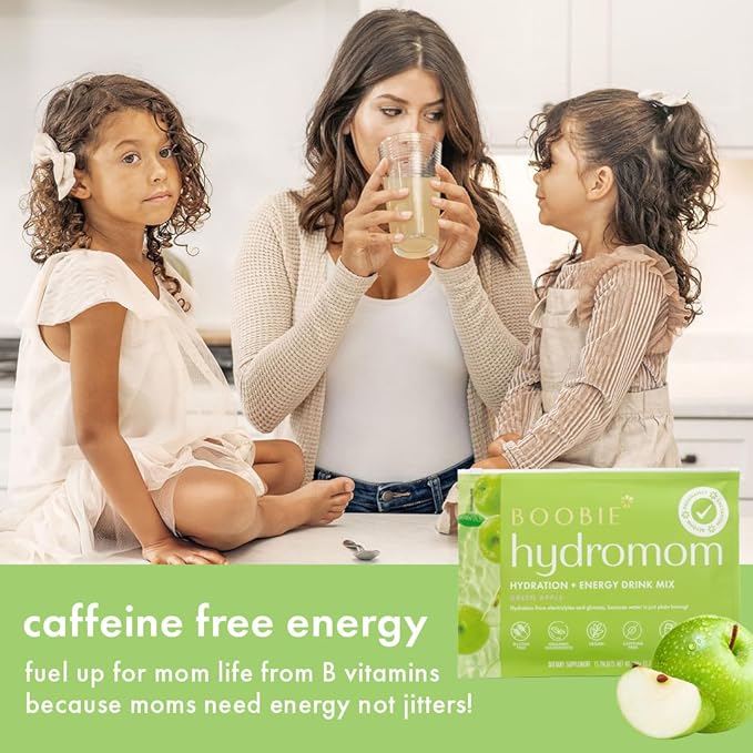 Boobie Hydromom Superfood Electrolyte Drink Mix, Green Apple | Refreshing Energy & Hydration Boost for Mamas | On-The-Go & Travel Essentials for Pregnancy, Lactation, & Beyond, 10 Packets