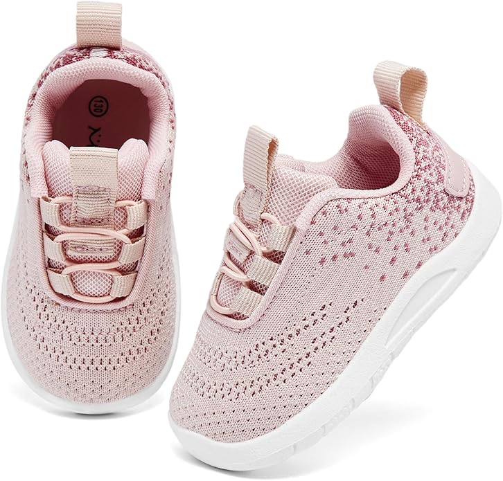 MORENDL Toddler Slip On Sneakers Baby Walking Shoes Non-Slip Breathable Unisex Pink Mesh Lace-Up Athletic Sneakers Infant Running Shoes