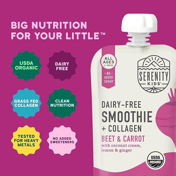 Serenity Kids 6+ Months Organic Baby Food Smoothie Pouch - Dairy-Free Beet & Carrot - USDA Certified Organic Protein Blend - 3.5 Oz, 6 Pack