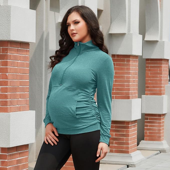 GINKANA Maternity Women's Long Sleeve Shirt Half Zipper Lapel Lightweight Casual Maternity Pullover with Pockets