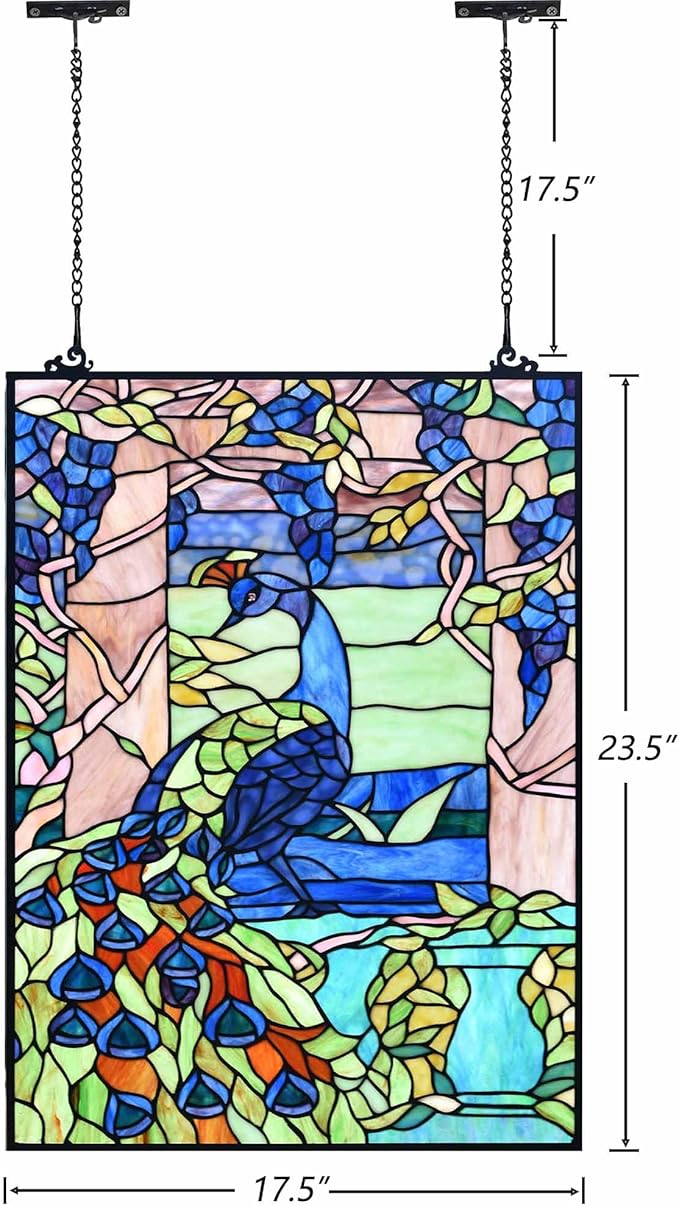 Bieye W10095 Peacock in Garden Tiffany Style Stained Glass Window Panel for Home Decor (Blue, 17.5Wx23.75H Rectangular)