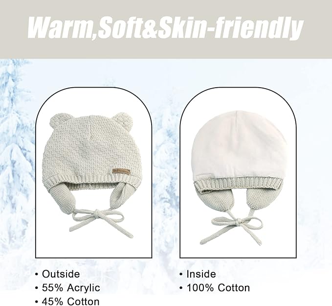 BAVST Baby Beanie Hat for Winter with Earfalp Cute Bear Kids Toddler Girls Boys Warm Knit Cap 0-2Years