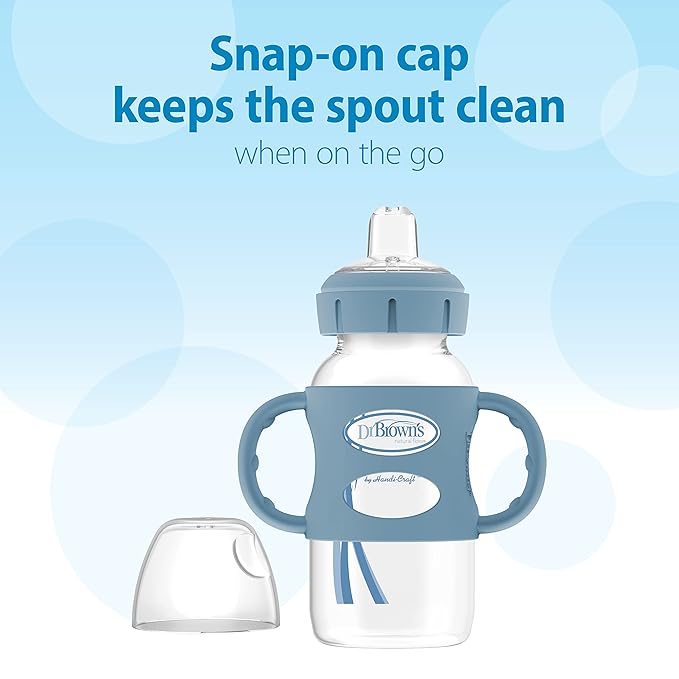 Dr. Brown's Milestones Wide-Neck Sippy Spout Bottle with 100% Silicone Handles, Easy-Grip Handles with Soft Sippy Spout, 9oz/270mL, Light-Blue & Gray, 2-Pack, 6m+
