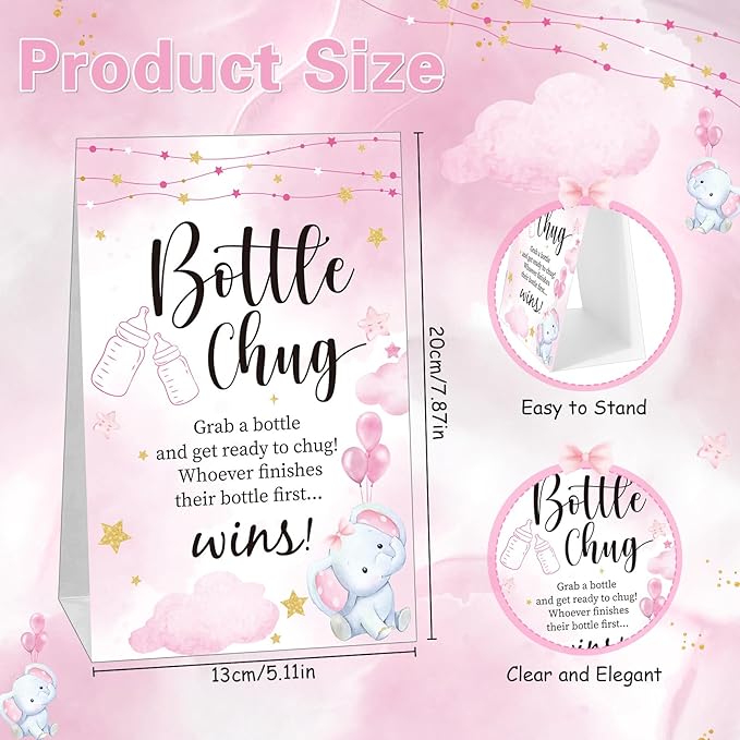 TrelaCo Bottle Chug Baby Shower Game 20 Pcs Baby Bottles Shower Favor with 1 Elephant Theme Sign for Gender Reveal Party Supplies Gifts(Pink)