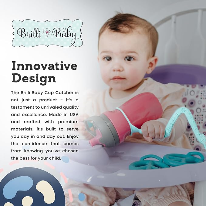 Brilli Baby Cup Catcher Patented Safety Tether Strap, Attach Sippy Cups, Bottles, Pacifiers & More to Stroller, High Chair, Car Seat, Made in USA, Food Grade, Dishwasher Safe (Pink & Pink)