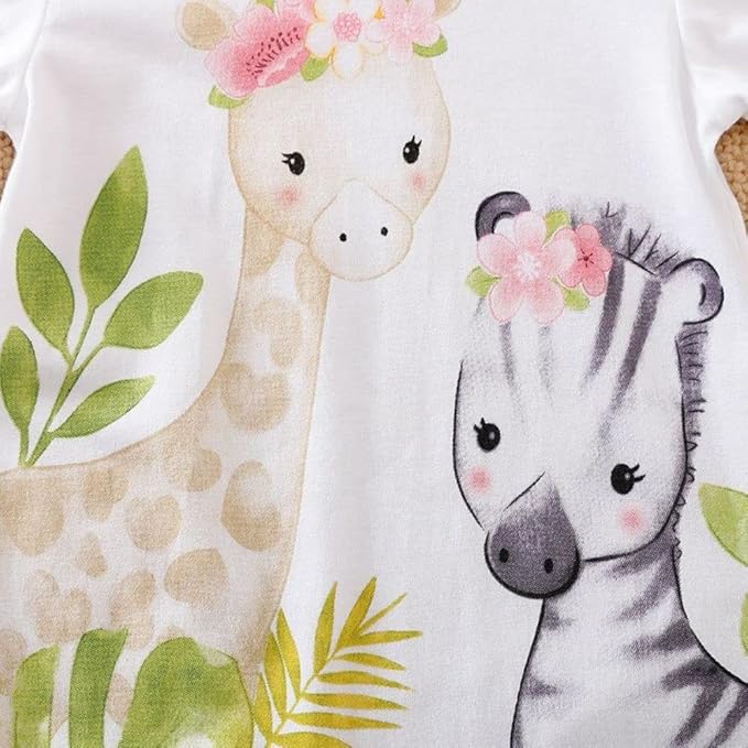 Cute Giraffe + Zebra With Floral Print Long Sleeve Baby Girl Clothes White Jumpsuit baby girl bodysuit