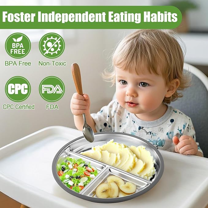 BUSOHA 3 Pack Stainless Steel Kids Plate Set - 9” Divided Toddler Baby Plates with Silicone Sleeves with Suction 2-in-1 Anti Breakage Metal Toddler Bowls Microwave Dishwasher Safe