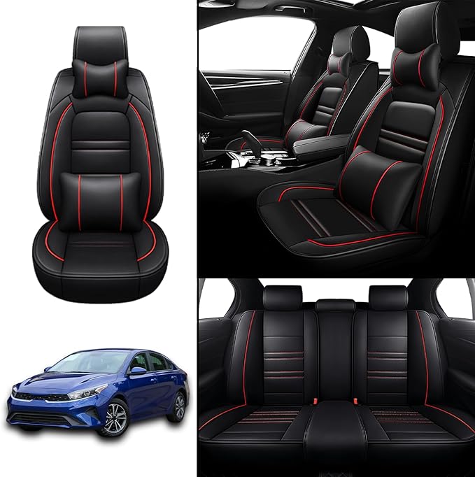Car Seat Covers for kia Forte 2010-2024 | 5-Seats Seat Covers, Waterproof Seat Protectors, Automotive Seat Covers (Full Set with Pillow,Black&Red Line)