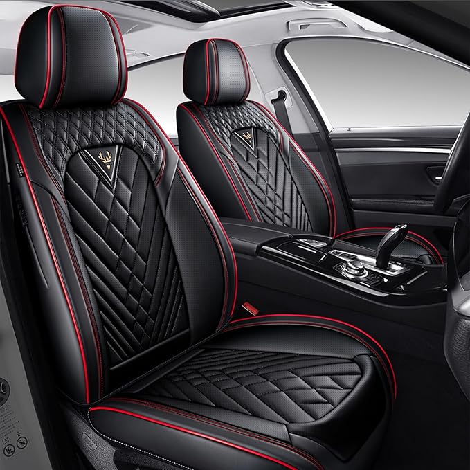 Seat Cover, Universal Leather Seat Covers for Cars, Front Auto Seat Cover, Wear-Resistant Car Seat Cushion, Waterproof Car Seat Protector Auto Vehicle Seat Cover(2 Seat,Black&Red)