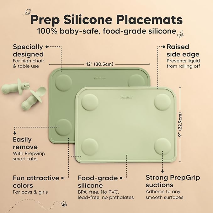 KeaBabies 2-Pack Silicone Placemats for Toddlers - 12x9 Non Slip Suction Baby Silicone Placemat for Kids Eating, Easy to Clean, Busy Travel Baby Mat for Dining Table, Food Grade/BPA-Free (Sage)