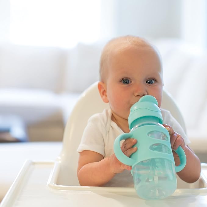 Dr. Brown's Milestones Wide-Neck Sippy Straw Bottle with 100% Silicone Handles and Weighted Straw, 9 oz/270 mL, Gray & Green, 6m+ (Pack of 6)