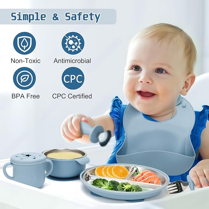 Stainless Steel Kids Plates and Bowls Set with Suction, Divided Baby Plate and Toddler Bowl with Removable Silicone Suction,Stainless Steel Weaning Bundle, Silicone Baby Feeding Set (Blue)