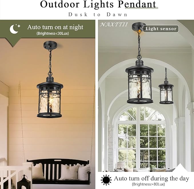Large Hanging Porch Light 12.4 Inch Dusk to Dawn Outdoor Pendant Light with Water Ripple Glass Waterproof Outdoor Hanging Lantern Light with Adjustable Chain E26 Socket