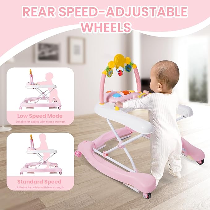 5-in-1 Baby Walker, Baby Walkers for Boys Girls 6-12 Months, Foldable Activity Walker, Toddler Infant Walker with Bouncer, Adjustable Height, Removable Footrest, Feeding Tray, Music