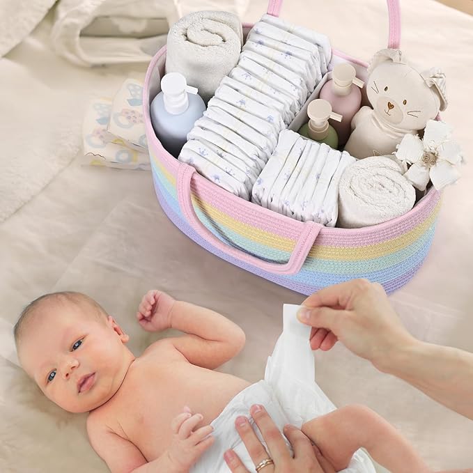 Baby Diaper Caddy Organizer, Cotton Rope Diaper Basket, Baby Basket for Changing Table, Nursery, Car, Changing Table Storage Bin With Removable Divider, Baby Shower Gifts for Newborn, Baby Essentials