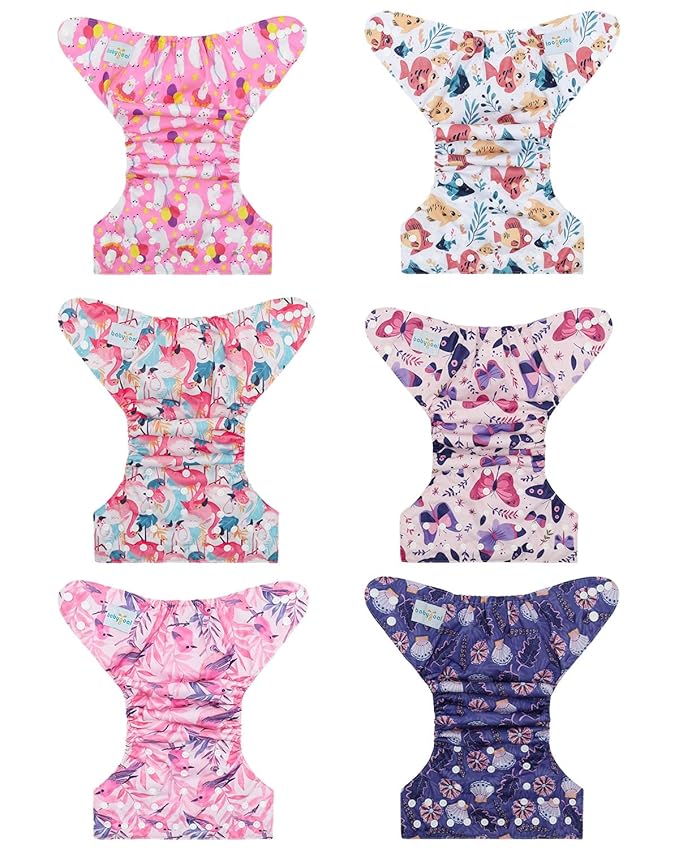 Babygoal Baby Cloth Diaper 6 Pack with 6pcs Inserts and Wet Bag for Fitted Diapers and Prefolds, Adjustable and Reusable Covers for Toddler Boys and Girls