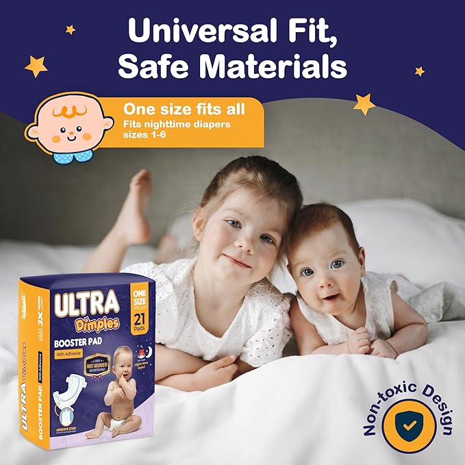 Dimples Booster Pads, Baby Diaper Doubler Inserts with Adhesive - 1 Size Fits All Diapers - Boosts Absorbency - No More leaks for Overnight, Travel, Nighttime or Anytime 21 Count