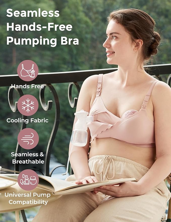 Momcozy 4-in-1 Hands-Free Pumping Bra with Cooling Fabric & Jelly-Strip Support, Nursing & Breast Pump Bra for All-Day Wear
