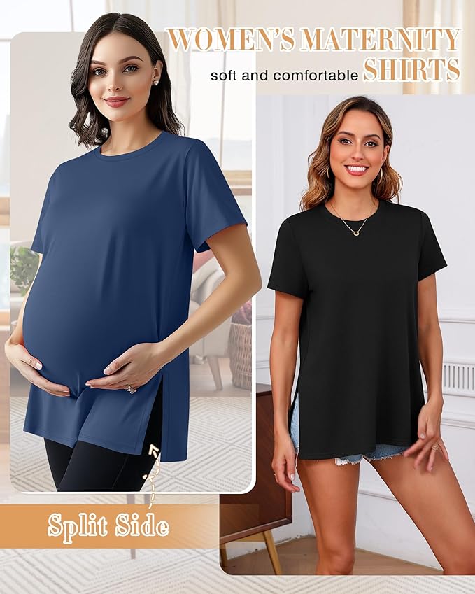 Ficerd 3 Pack Women's Maternity T Shirts, Short Sleeve Side Split Pregnancy Tops Casual Crew Neck Pregnant Tees Mama Clothes
